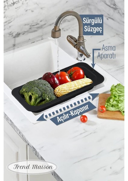 Sürgülü Ayarlanabilir Pratik Lavabo Süzgeci, Uzun Kısa Ayarlı Evye, Meyve Sebze Salata Yıkama Siyah