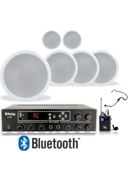 4’lü Tavan Hoparlörlü Yaka Mikrofonlu Bluetooth Anfi Ses Sistemi Seti