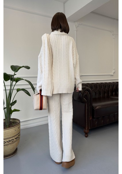 Bisiklet Yaka Saç Örgülü Şallı Takım- Taş