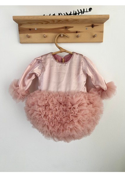 Kız Bebek Çocuk Elbise Uzun Kollu Tüllü Tütü Özel Gün Parti Doğum Günü Prenses Saten Abiye Elbise