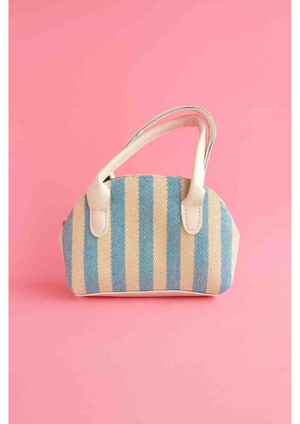 Mavi Krem Çizgili Mini El Kadın Çantası
