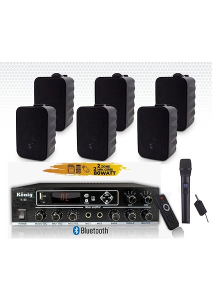 6’lı Duvar Hoparlörlü El Mikrofonlu Bluetooth Anfi Ses Sistemi Seti