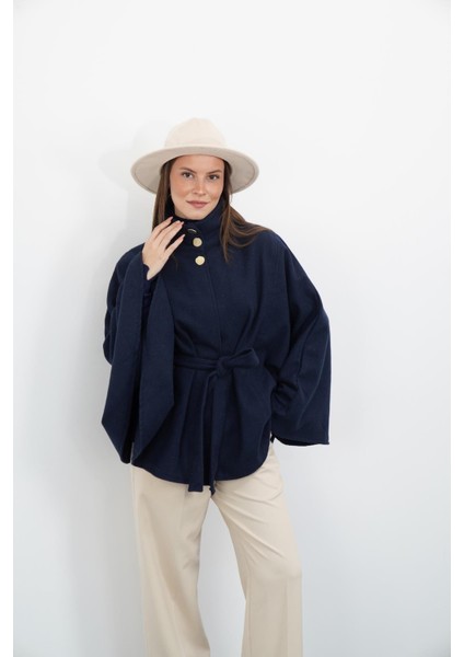 Dik Yaka Kuşaklı Kaşe Panço-Lacivert