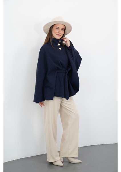 Dik Yaka Kuşaklı Kaşe Panço-Lacivert fiyatları