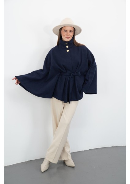 Dik Yaka Kuşaklı Kaşe Panço-Lacivert modelleri