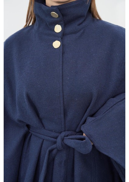 Dik Yaka Kuşaklı Kaşe Panço-Lacivert fırsatları