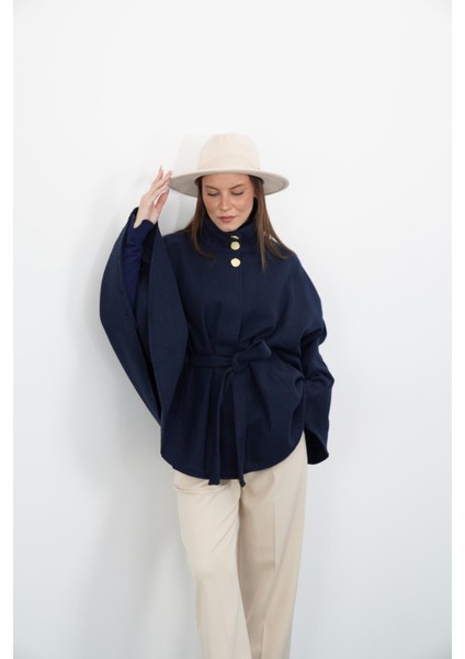 Dik Yaka Kuşaklı Kaşe Panço-Lacivert