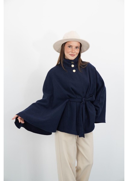 Dik Yaka Kuşaklı Kaşe Panço-Lacivert