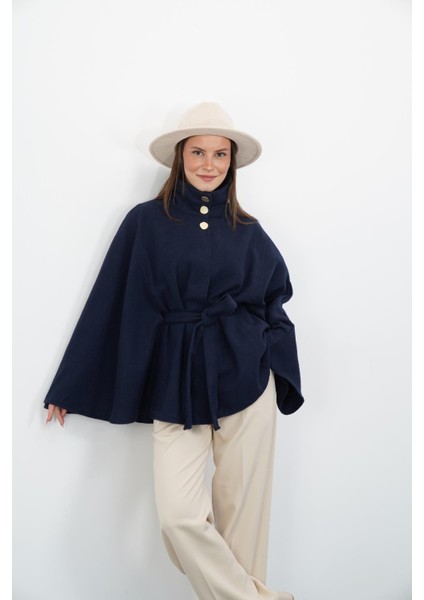 Dik Yaka Kuşaklı Kaşe Panço-Lacivert