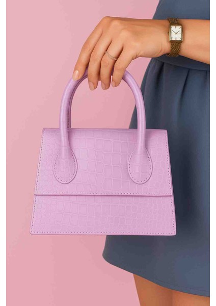 Lila Kroko Desenli Mini El ve Omuz Kadın Çantası