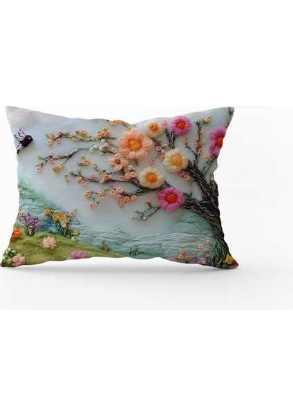 Çift Taraflı Dijital Baskı Kırlent Kılıfı Keçe Işi Görünümlü Çiçek Desenli