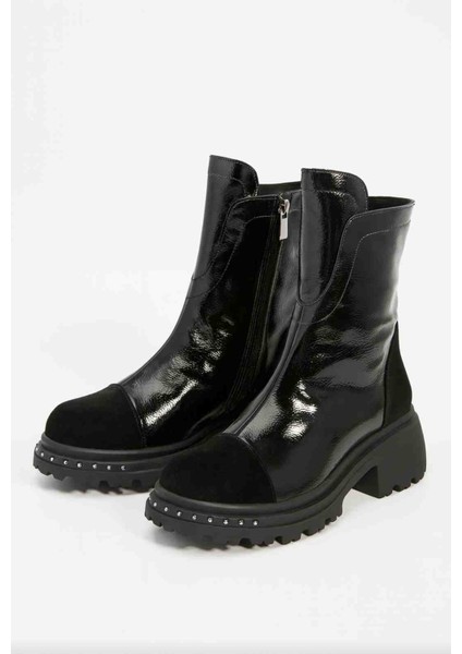 Hakiki Deri Parlak Siyah Kadın Bot