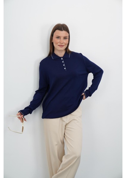 Polo Yaka Düğmeli Triko-Lacivert