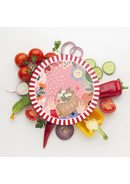 Cam Kesme Tahtası ve Sunumluk Yuvarlak Karışık Renkli Love Desenli 30X30 cm modelleri