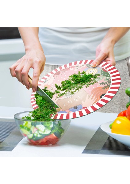 Cam Kesme Tahtası ve Sunumluk Yuvarlak Karışık Renkli Love Desenli 30X30 cm indirimleri