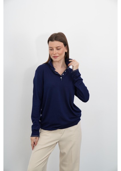 Polo Yaka Düğmeli Triko-Lacivert