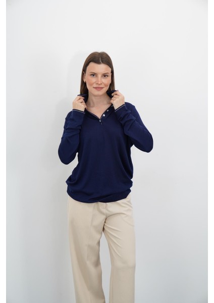 Polo Yaka Düğmeli Triko-Lacivert