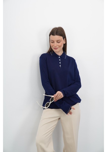 Polo Yaka Düğmeli Triko-Lacivert