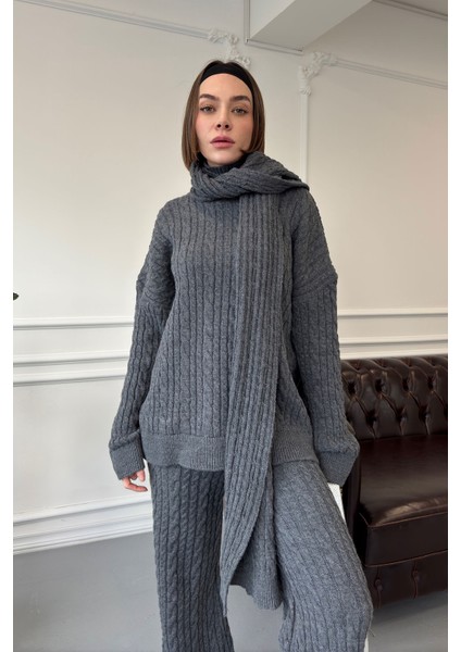 Bisiklet Yaka Saç Örgülü Şallı Takım- Antrasit