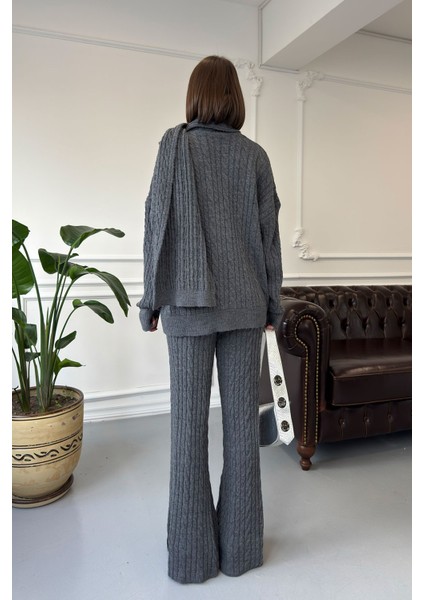 Bisiklet Yaka Saç Örgülü Şallı Takım- Antrasit