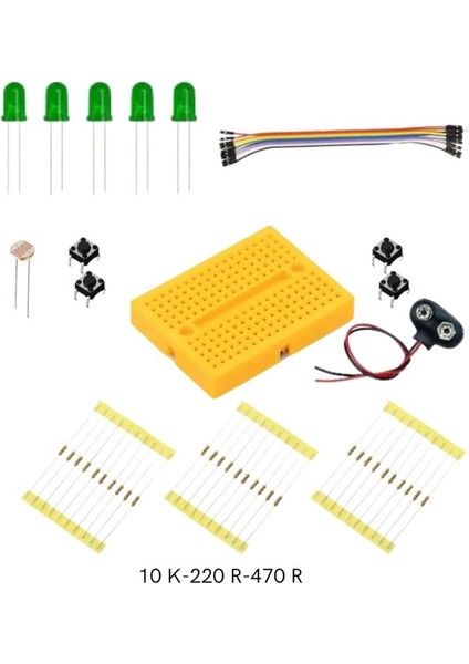 Temel Elektronik Arduino Bileşenler Seti - Led,ldr,mini Breadbord , Direnç 10K ,220,470 Seti