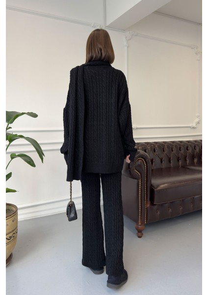 Bisiklet Yaka Saç Örgülü Şallı Takım- Siyah