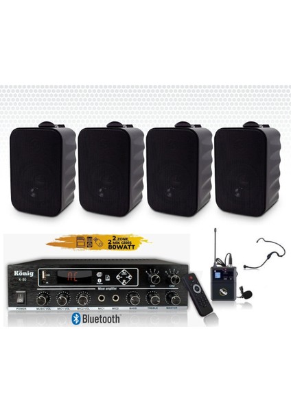 4’lü Duvar Hoparlörlü Yaka Mikrofonlu Bluetooth Anfi Ses Sistemi Seti