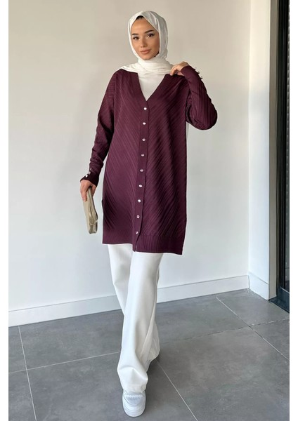 Desenli Ön Düğmeli Tesettür Triko Hırka (M-L-Xl Uyumludur) P-00018882