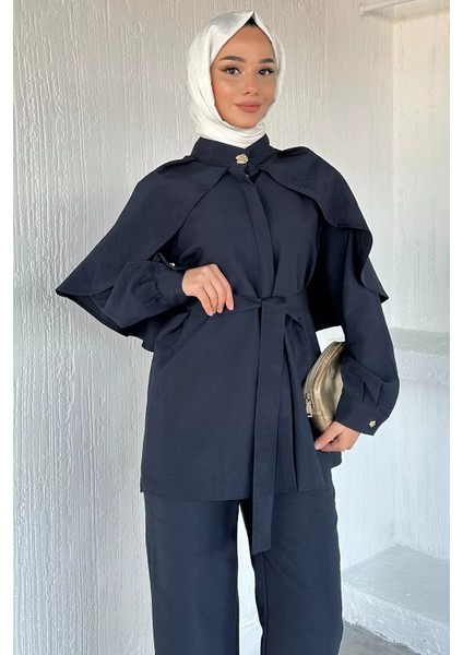 Pelerinli Broş Detaylı Kuşaklı Tunik Bel Lastikli Pantolon Tesettür Ikili Takım P-00018879 fiyatları