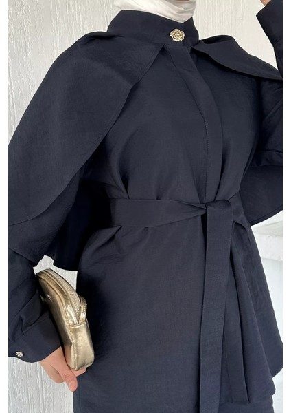 Pelerinli Broş Detaylı Kuşaklı Tunik Bel Lastikli Pantolon Tesettür Ikili Takım P-00018879 indirimleri