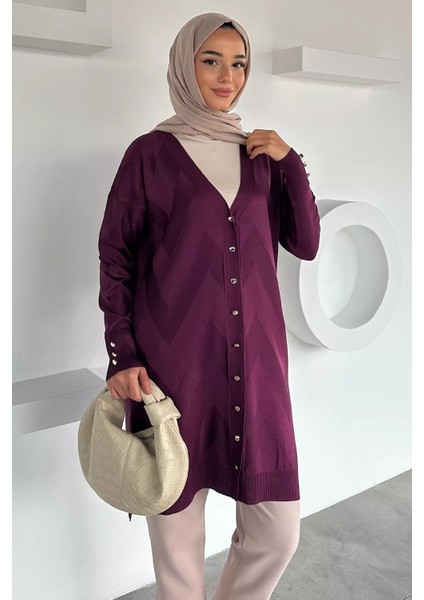 Ön Düğmeli Desenli Tesettür Triko Hırka (M-L-Xl Uyumludur) P-00018881