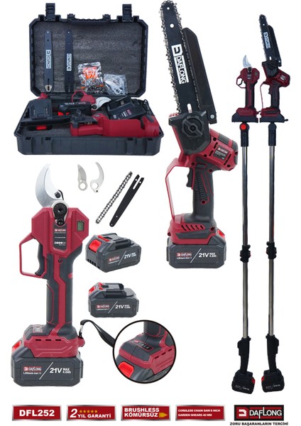 Pro 10 Pilli 2.1m Teleskopik Uzatmalı 2'li 40MM Bağ Makası+Oto Yağlamalı Dal Budama DFL-252