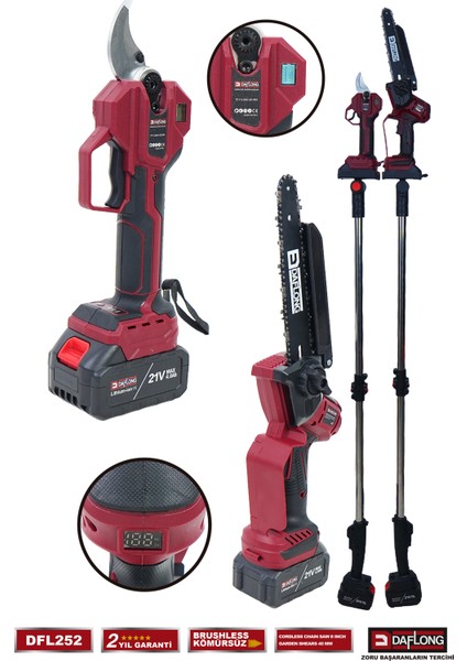 Pro 10 Pilli 2.1m Teleskopik Uzatmalı 2'li 40MM Bağ Makası+Oto Yağlamalı Dal Budama DFL-252 fiyatları