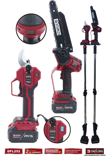 Pro 10 Pilli 2.1m Teleskopik Uzatmalı 2'li 40MM Bağ Makası+Oto Yağlamalı Dal Budama DFL-252 modelleri