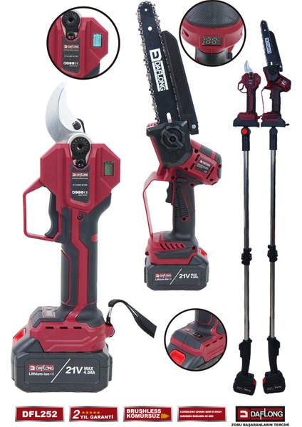 Pro 10 Pilli 2.1m Teleskopik Uzatmalı 2'li 40MM Bağ Makası+Oto Yağlamalı Dal Budama DFL-252 indirimleri