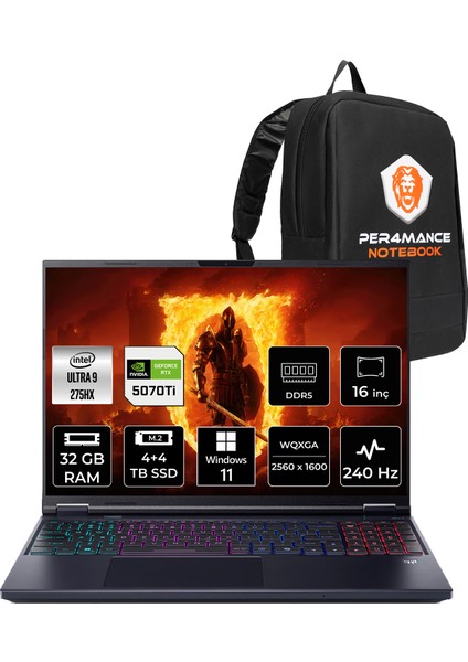 Predator Helios Neo 16 Aı Intel Core Ultra 9 275HX 32GB 4tb+4tb SSD RTX5070TI/12GB 170W 16" Qhd+ 240Hz W11P Taşınabilir Bilgisayar & Per4 Çanta NHQX2EY002P444