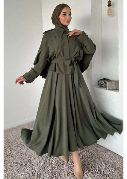 Pelerinli ve Kemerli Ceket Etek Tesettür Ikili Takım P-00018944