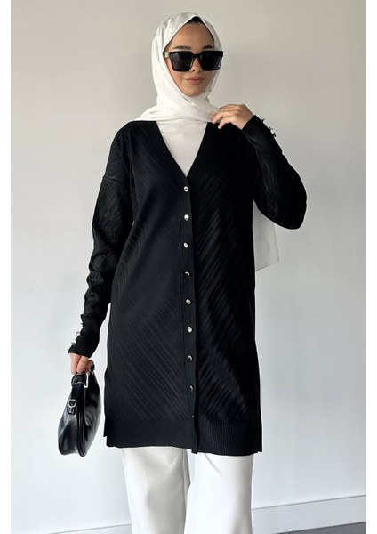 Desenli Ön Düğmeli Tesettür Triko Hırka (M-L-Xl Uyumludur) P-00018882