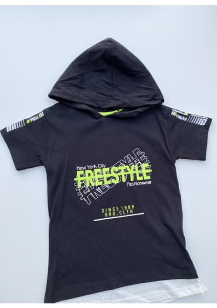 Siyah Neon Yeşil Detaylı Kapüşonlu Erkek Çocuk Şort Takımı