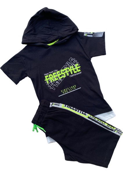 Siyah Neon Yeşil Detaylı Kapüşonlu Erkek Çocuk Şort Takımı fiyatları