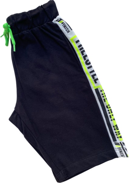 Siyah Neon Yeşil Detaylı Kapüşonlu Erkek Çocuk Şort Takımı modelleri