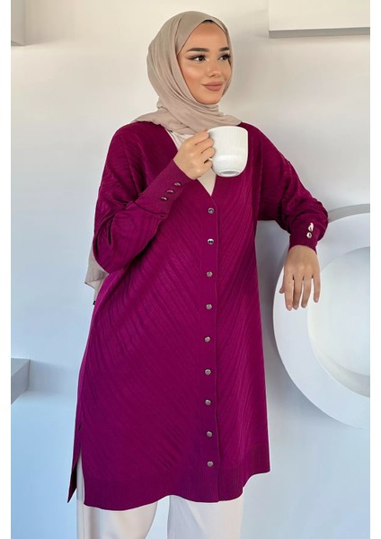 Desenli Ön Düğmeli Tesettür Triko Hırka (M-L-Xl Uyumludur) P-00018882