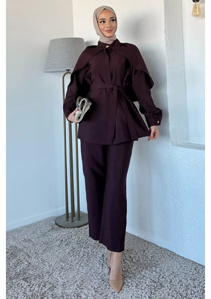 Pelerinli Broş Detaylı Kuşaklı Tunik Bel Lastikli Pantolon Tesettür Ikili Takım P-00018879 modelleri
