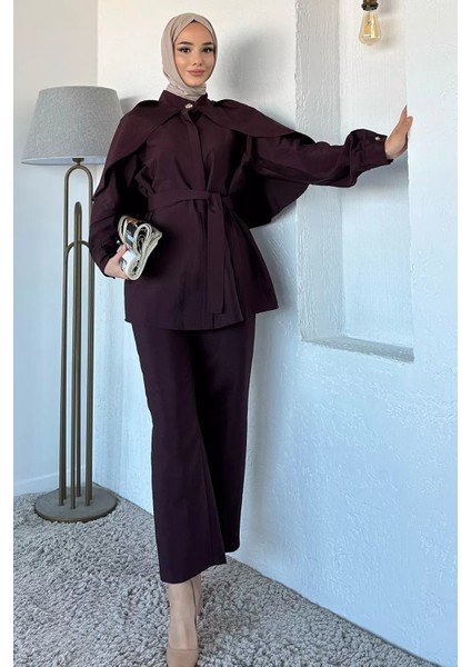 Pelerinli Broş Detaylı Kuşaklı Tunik Bel Lastikli Pantolon Tesettür Ikili Takım P-00018879 fırsatları