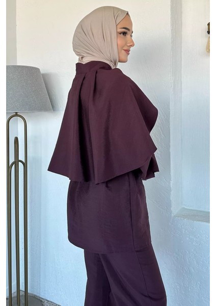 Pelerinli Broş Detaylı Kuşaklı Tunik Bel Lastikli Pantolon Tesettür Ikili Takım P-00018879 indirimleri