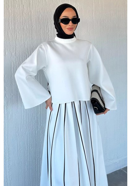 Sırt Fermuarlı Bluz Şerit Desenli Bel Lastiklli Etek Tesettür Ikili Takım P-00018876 modelleri