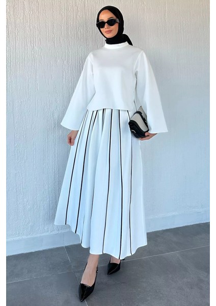 Sırt Fermuarlı Bluz Şerit Desenli Bel Lastiklli Etek Tesettür Ikili Takım P-00018876 fırsatları