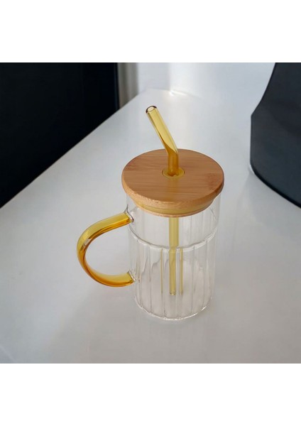 Bambu Kapaklı Cam Pipetli Kupa 420 ml | Sarı