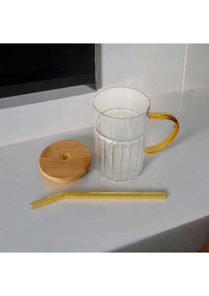 Bambu Kapaklı Cam Pipetli Kupa 420 ml | Sarı fırsatları