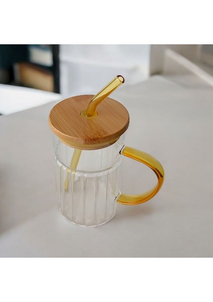 Bambu Kapaklı Cam Pipetli Kupa 420 ml | Sarı indirimleri